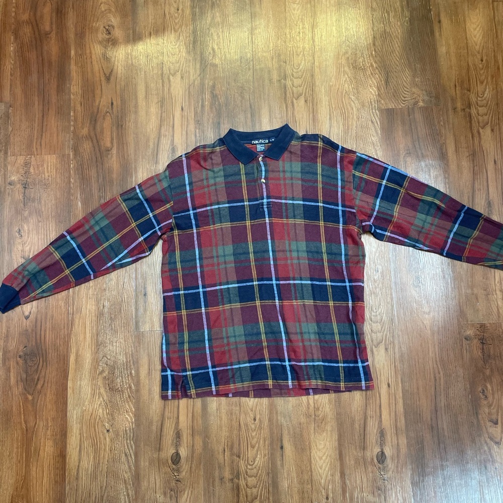 Vintage Nautica Plaid Rugby Polo Shirt - Red/Blue/Green